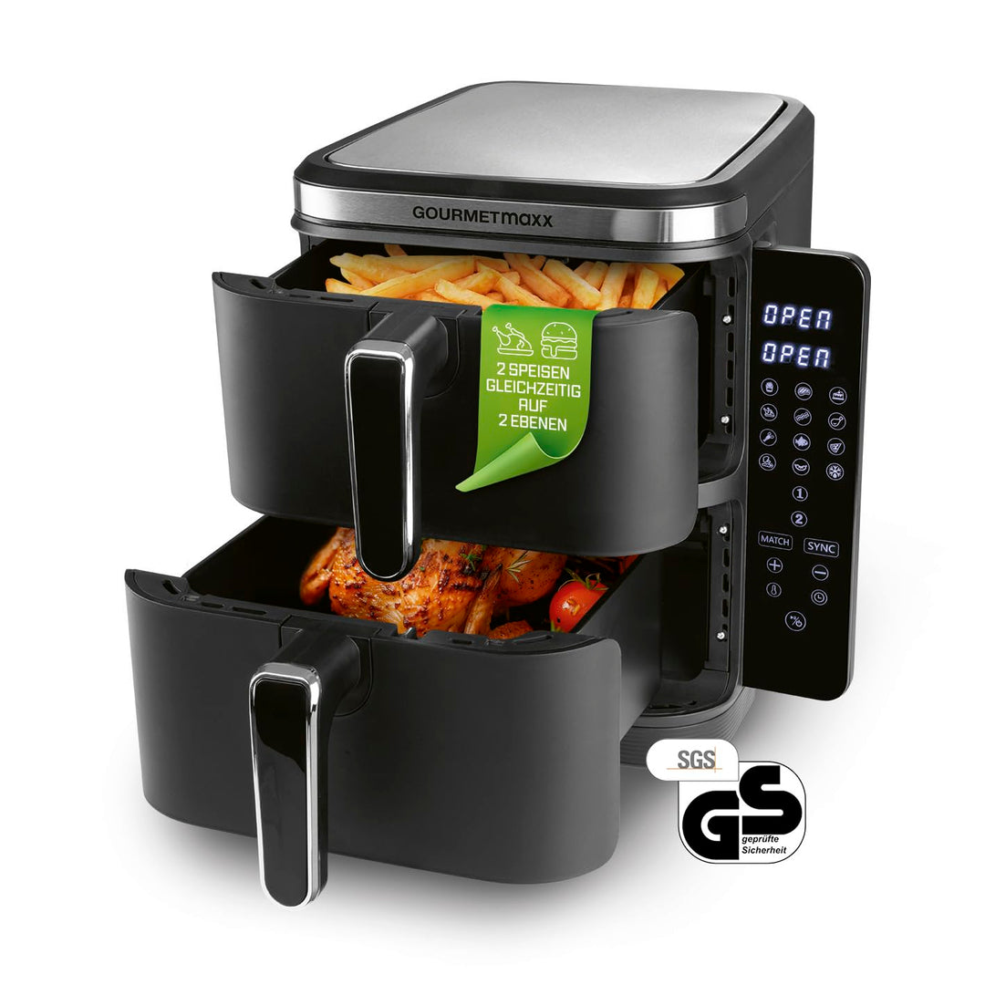 GOURMETmaxx FryUp Vertikale Doppelkammer Heissluftfritteuse | vertikaler Airfryer | klappbares Touch