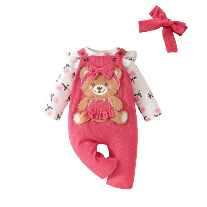 3tlg Baby Mädchen Kleidung Outfits Set Blumen Strampler Tops+ Einstellbare Overalls Pants+Stirnband