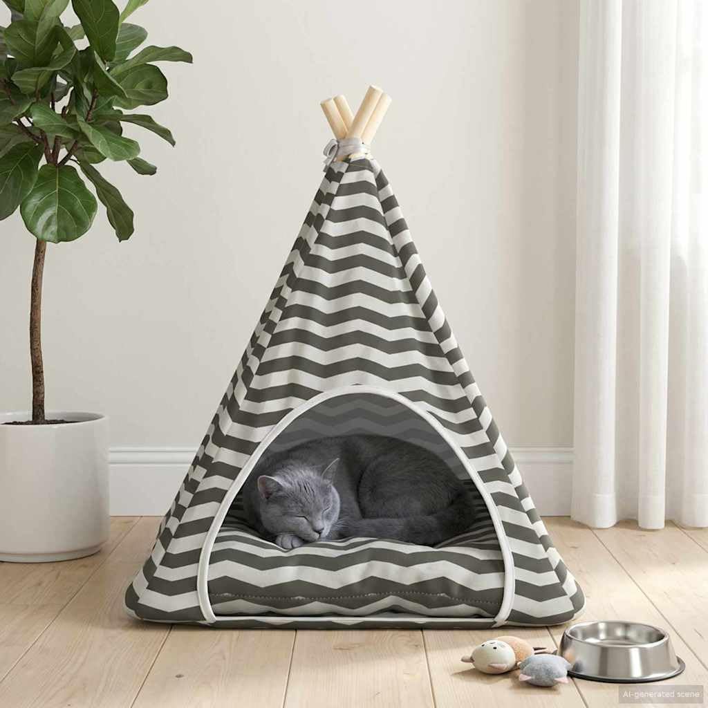 Haustier-Tipi mit Kissen Weiss Grau 60 x 60 x 70 cm, waschbares Kuschelbett für Katzen und Hunde, St