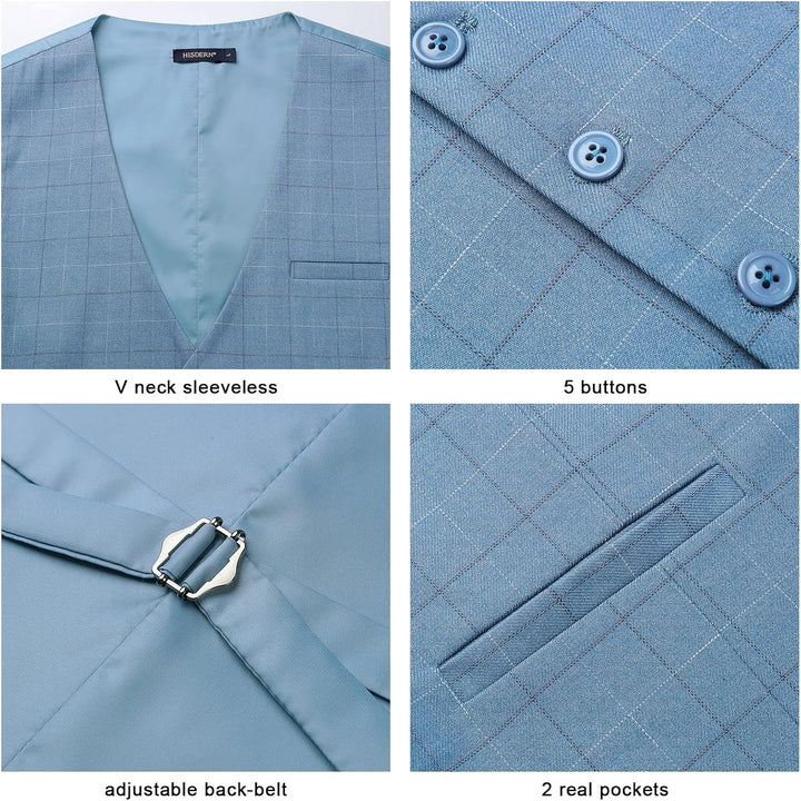HISDERN Manner Formale Hochzeitsfeier Weste Baumwolle Plaid Kleid Anzug Weste für Herren Hellblau M,
