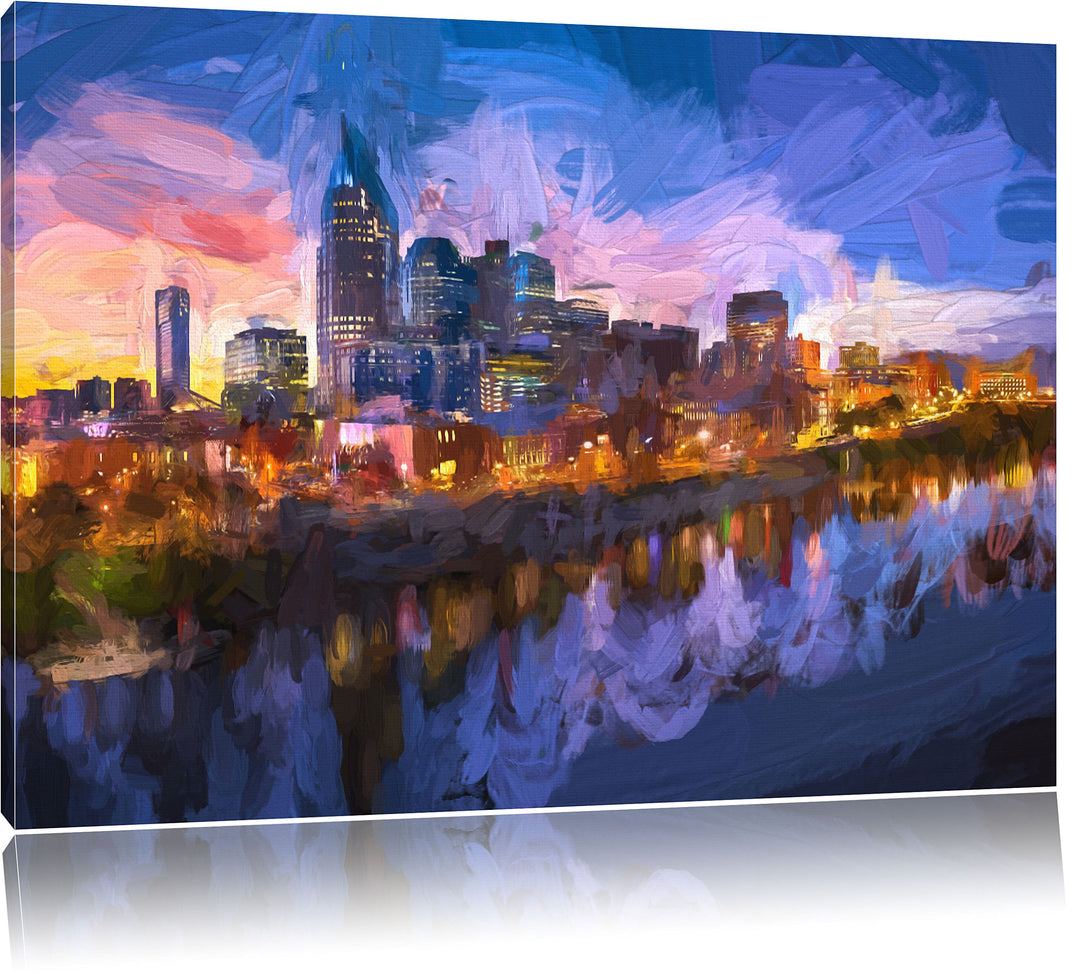 Pixxprint Nashville Skyline Panorama Kunst Pinsel Effekt, Format: 100x70 auf Leinwand, 100x70