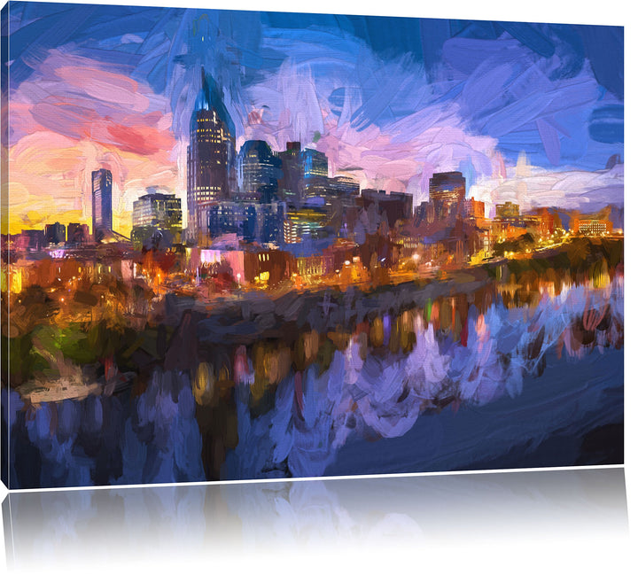 Pixxprint Nashville Skyline Panorama Kunst Pinsel Effekt, Format: 100x70 auf Leinwand, 100x70