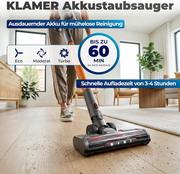 KLAMER Akku Staubsauger, 2-in-1 Staubsauger kabellos &amp; Handstaubsauger, Akkulaufzeit bis 70 min, Akk