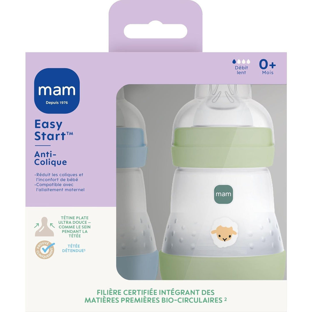 MAM Easy Start Anti-Colic Babyflasche, 0+ Monate, langsamer Fluss (2 x 160 ml) Ocean + Sand – Flasch