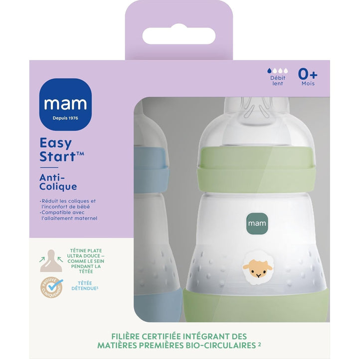 MAM Easy Start Anti-Colic Babyflasche, 0+ Monate, langsamer Fluss (2 x 160 ml) Ocean + Sand – Flasch