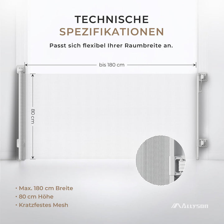Allyson® Treppen- &amp; Türschutzgitter ausziehbar bis 180 cm, Kinder, Weiss | Einhandbedienung, stolper