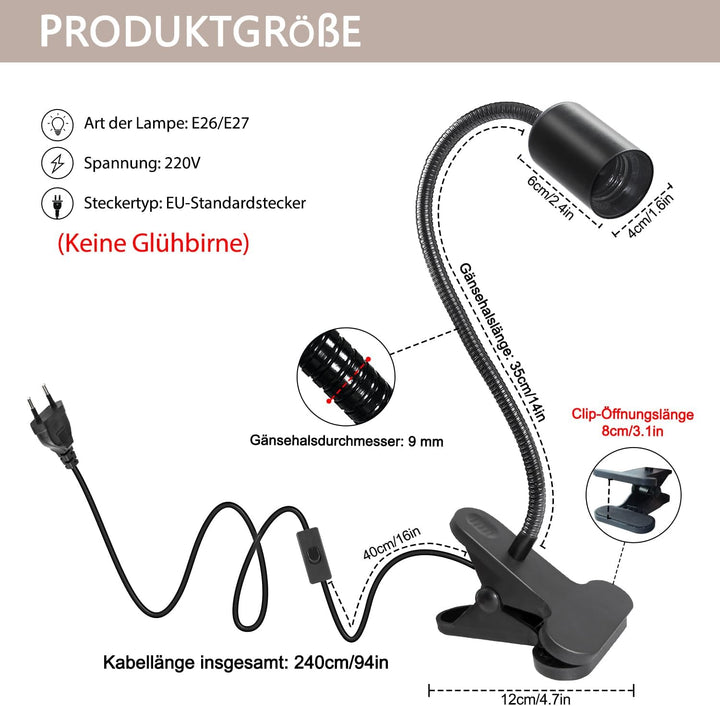 WPQIUZS E27 Klemmlampe mit Stecker 240CM Kabel Klemmleuchte Lampenfassung mit Schwanenhals und Schal