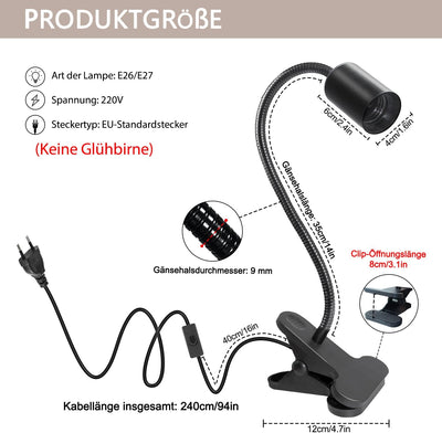 WPQIUZS 2 Stück E27 Klemmleuchte 360°Verstellbarer Schwanenhals Lampe Klemmlampe Lampenfassung mit C