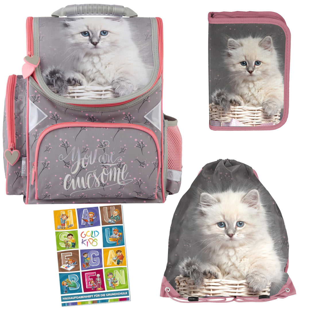 Goldkids - Schulranzen für Jungen und Mädchen, 4er-Set - Schul-Rucksack für Kinder mit Federmäppchen