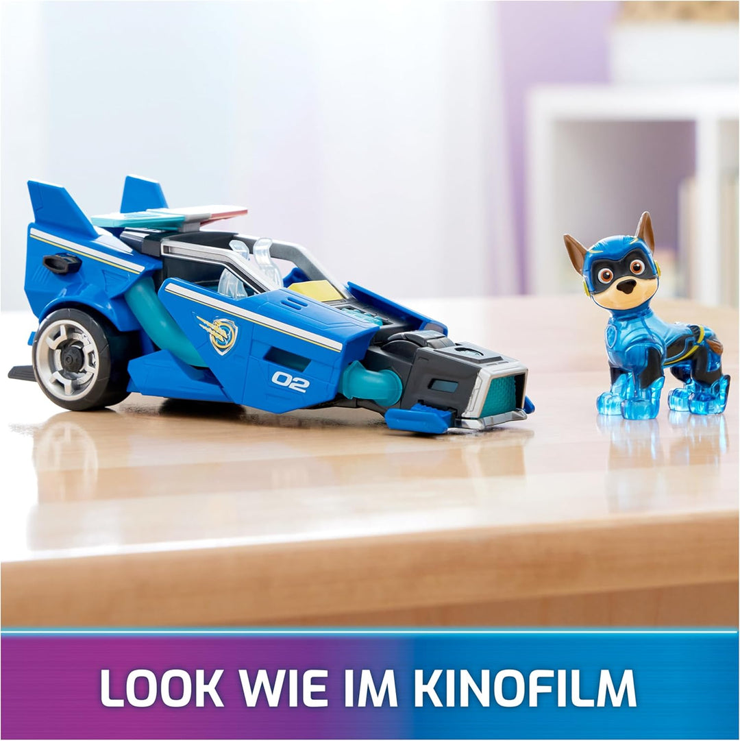 PAW PATROL: Der Mighty Kinofilm, Superhelden-Fahrzeug Spielzeugauto von Chase mit Welpenfigur, Poliz
