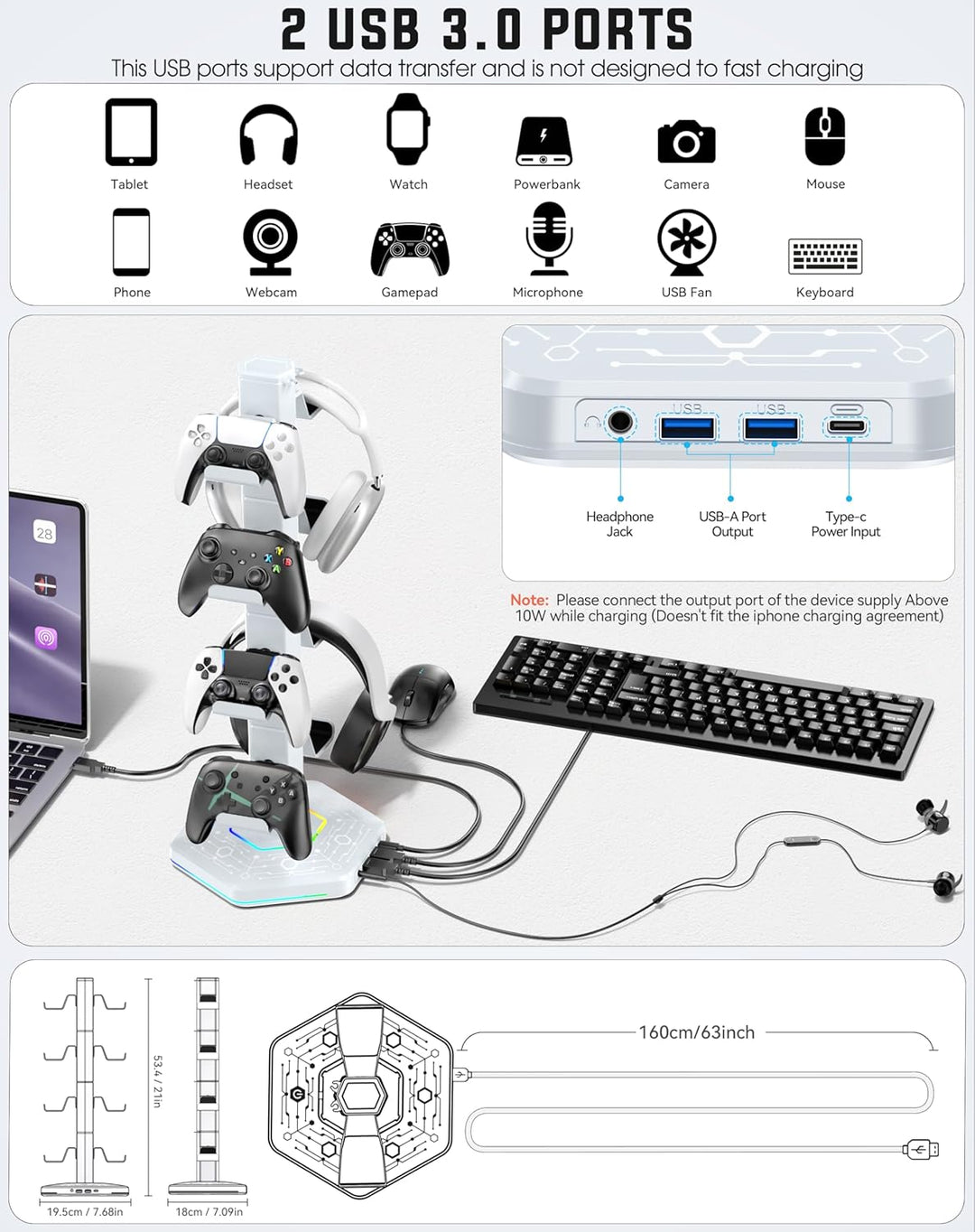 Gaming Controller Ständer mit 9 RGB Lichtmodi, Headset Halterung Tisch mit Abnehmbarer Controller Ha