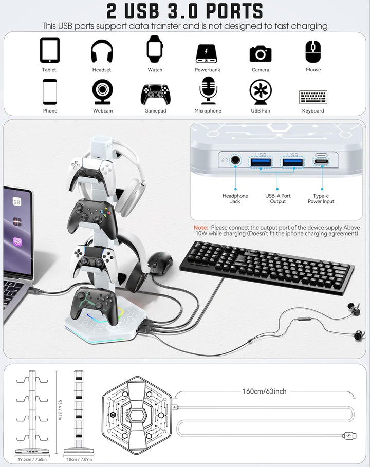 Gaming Controller Ständer mit 9 RGB Lichtmodi, Headset Halterung Tisch mit Abnehmbarer Controller Ha