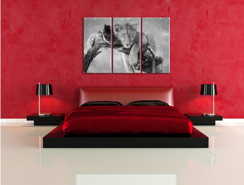 Pixxprint Junger Löwe in der Natur Kunst Kohle Effekt 3-Teiler Leinwandbild 120x80 Bild auf Leinwand