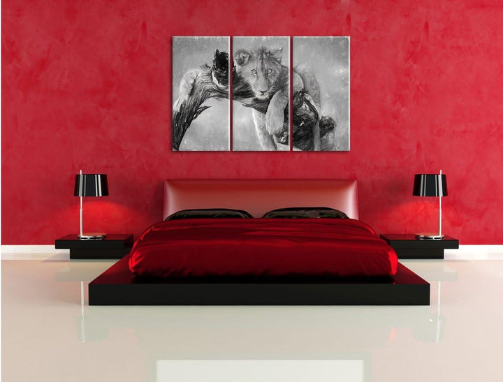 Pixxprint Junger Löwe in der Natur Kunst Kohle Effekt 3-Teiler Leinwandbild 120x80 Bild auf Leinwand