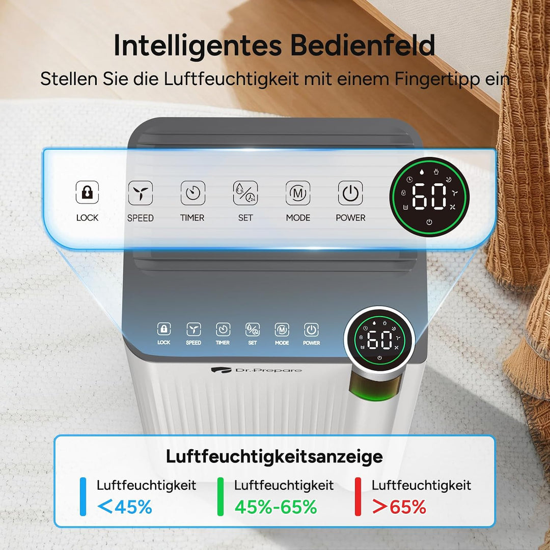DR.PREPARE Luftentfeuchter Elektrisch 15L, Entfeuchter für Keller Wäschetrocknung, 3 Modi, Schlafmod