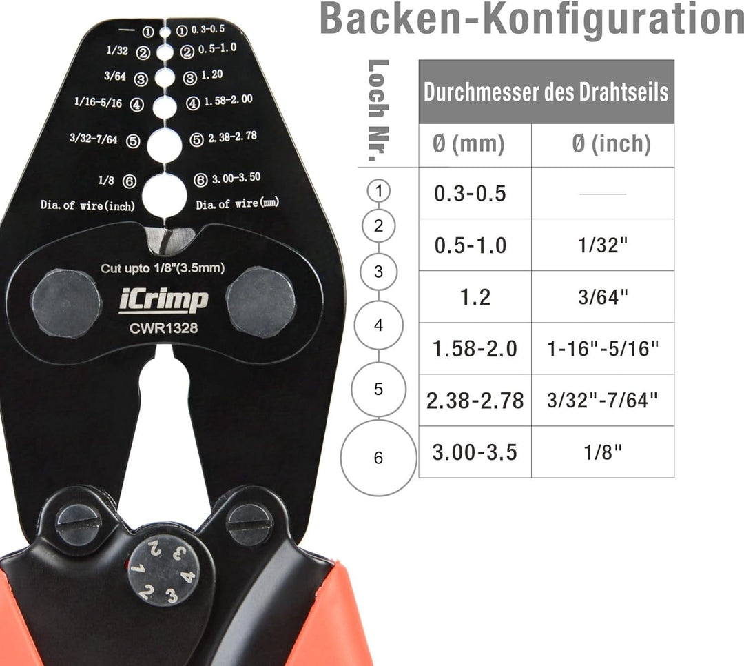 iCrimp CWR1328 Drahtseil Crimpzange mit Schneidfunktion 0,3–3,5 mm | Crimpwerkzeug für Drahtseile mi