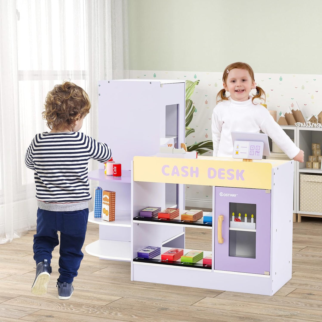 COSTWAY Kinder Kaufladen, Kaufmannsladen aus Holz mit Seitentheke, Supermarkt-Set mit Kasse, POS-Mas