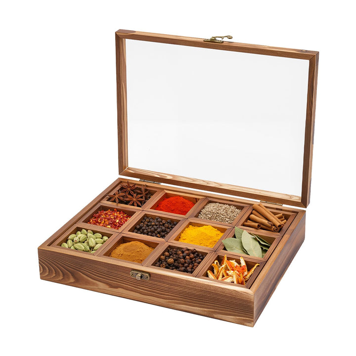 Handgefertigte Indische Masala Dabba Gewürzbox aus Holz mit Glasdeckel,Gewürzbox mit 12 nicht heraus