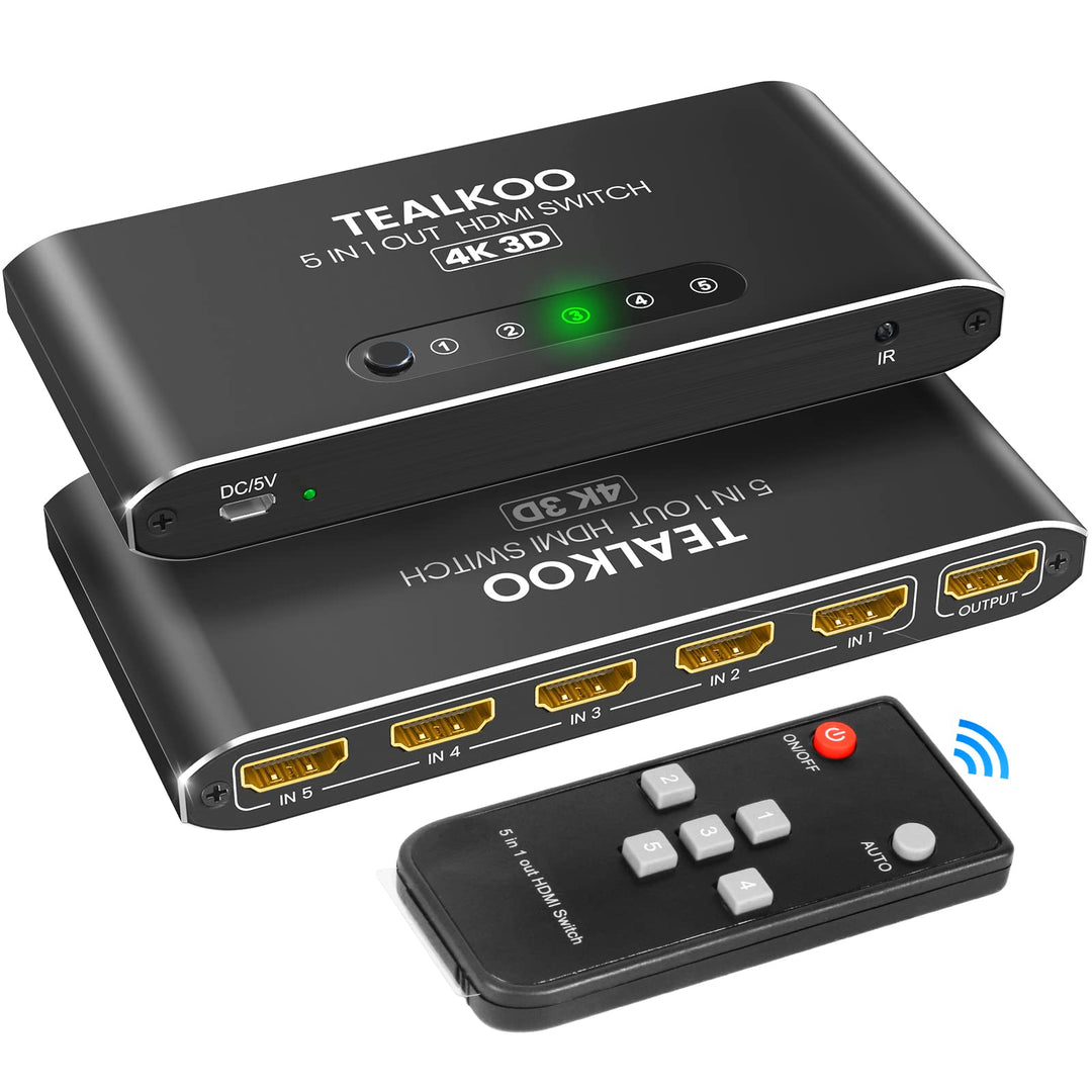 HDMI Splitter HDMI Switch, 4K Aliminium HDMI Switch 5 In 1 Out Automatisch HDMI Switcher mit Fernbed