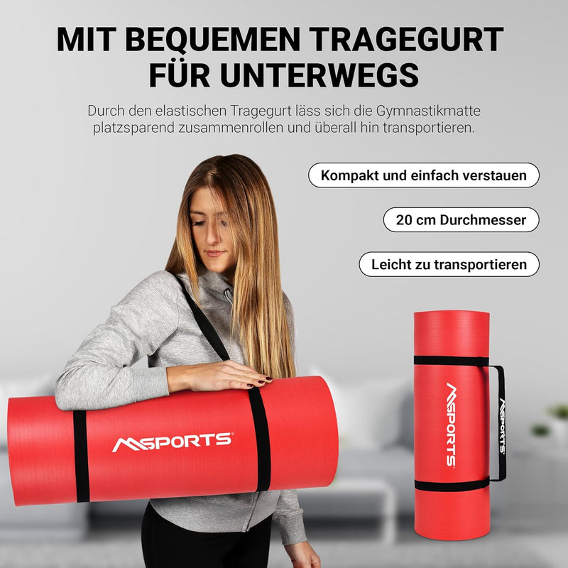 MSPORTS Gymnastikmatte Premium inkl. Tragegurt + Übungsposter + Workout App I Hautfreundliche Fitnes