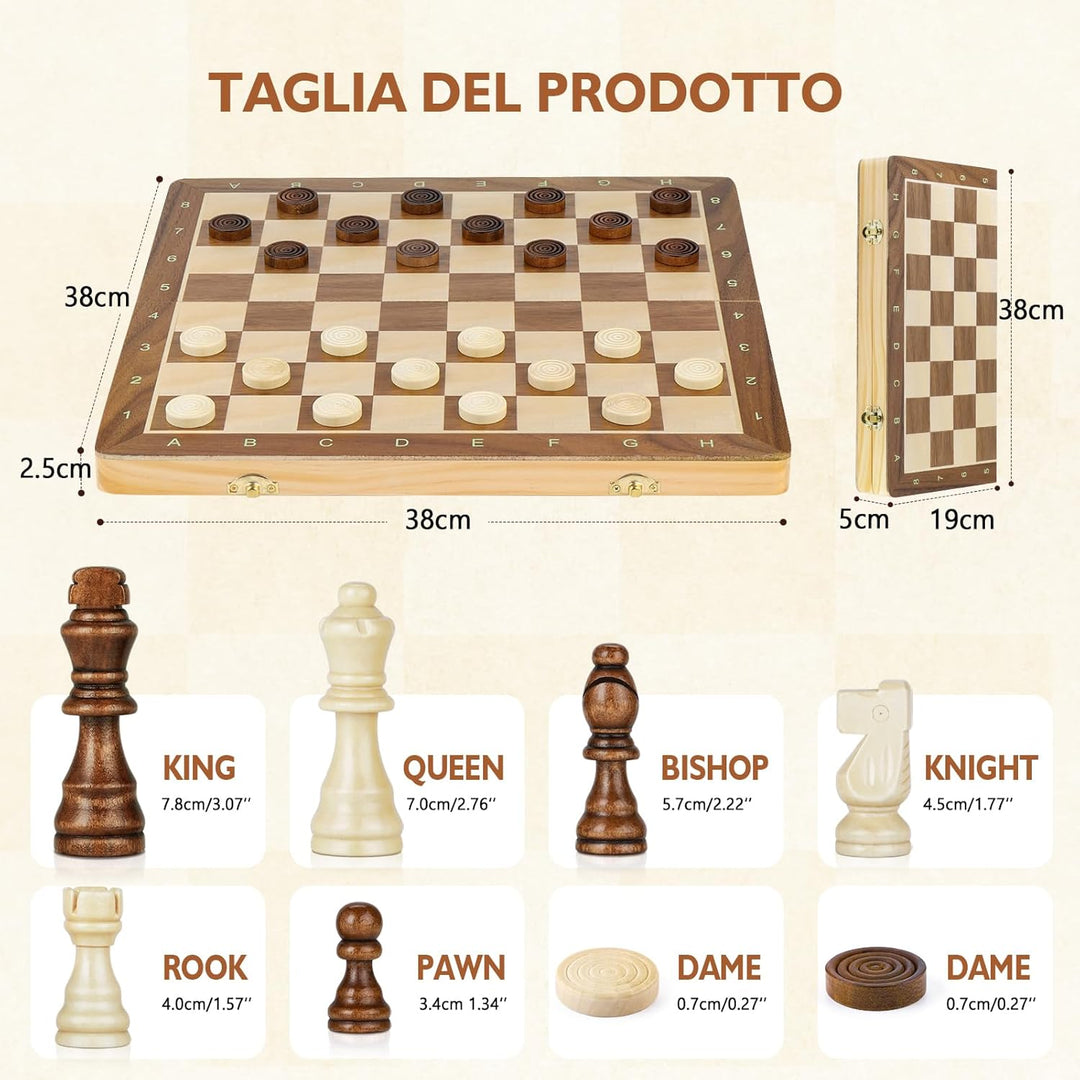 Peradix 2 in 1 Schach und Dame Spiel aus Holz - 38x38CM Klappbar Schachbrett Magnetisch Handgefertig