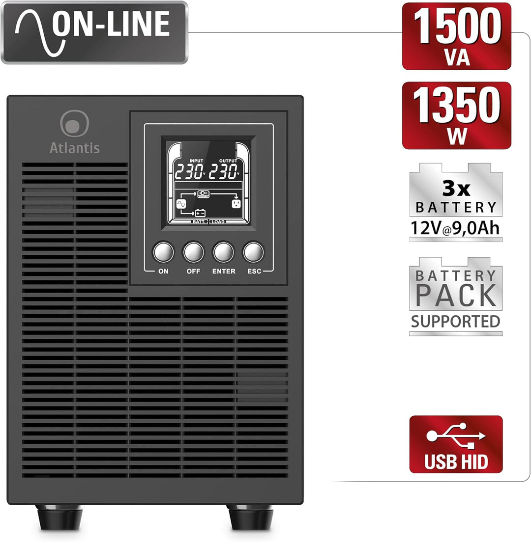 Atlantis A03-OP1502P PRO UPS OnLine USV Server Doppelwandler Reine Sinuswelle 1500VA 1350W, Tower, L