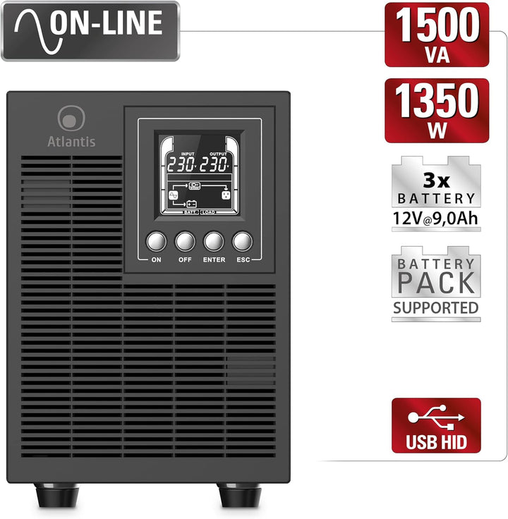 Atlantis A03-OP1502P PRO UPS OnLine USV Server Doppelwandler Reine Sinuswelle 1500VA 1350W, Tower, L