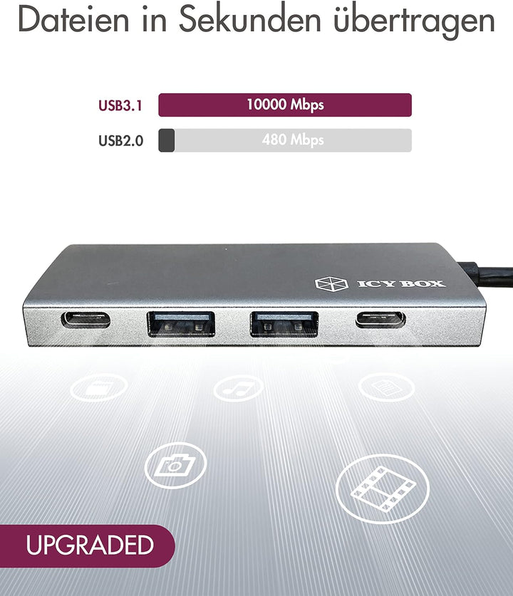 ICY BOX 60709 USB Hub 3.1 Gen 2 mit 4 USB Ports, USB 3.1 Gen2 10 Gbit/s, USB-C Verbindung, Aluminium