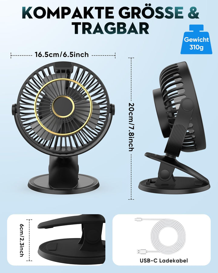 COZII Mini Ventilator, USB Ventilator Leise Clip Ventilator Tischventilator mit LED-Anzeige, 720° Dr