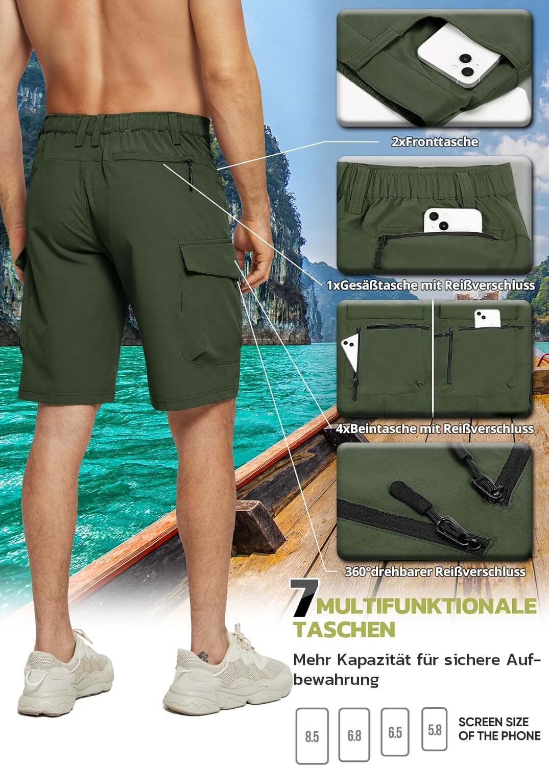 Hiauspor Wanderhose Herren Kurz MTB Hose Leichte Schnelltrocknend Cargo Bermuda Chino mit 5 Taschen