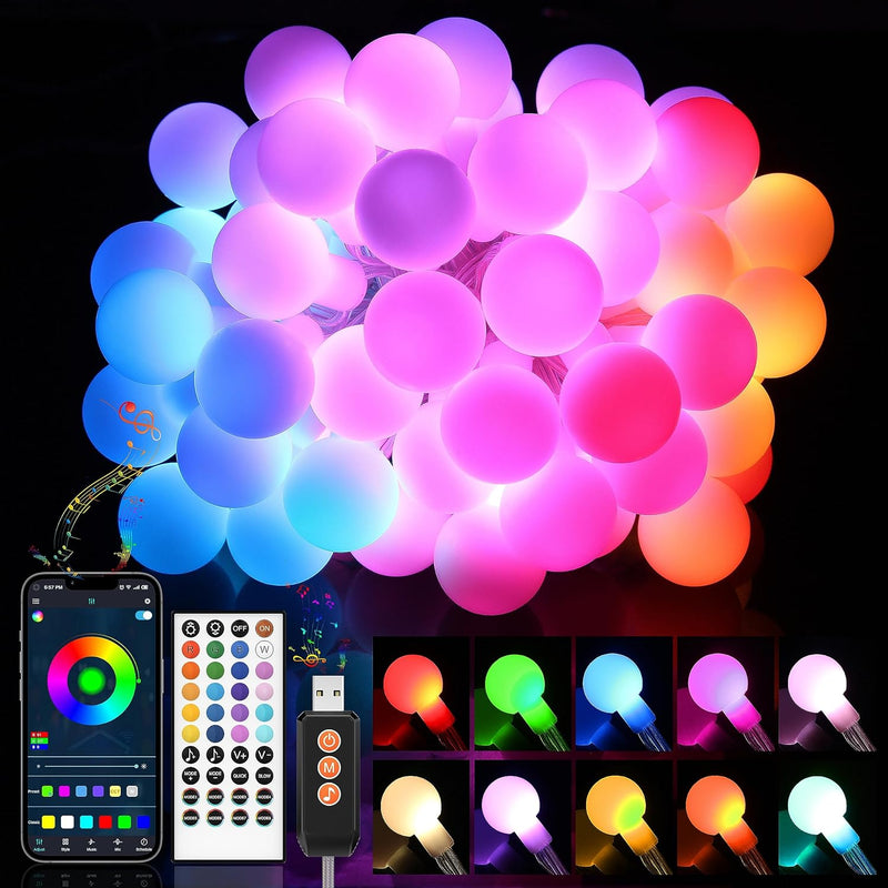 Smart USB LED Kugel Lichterkette Innen, 9M 60 LED 213 Modi Globe Lichterketten mit Fernbedienung, Fa