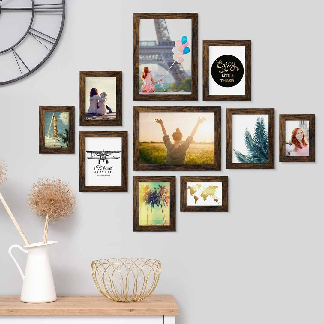 PHOTOLINI dunkle Eiche Bilderrahmen Set Holz MDF, Fotorahmen Set, 10er Bilderrahmenset Wand Collage,