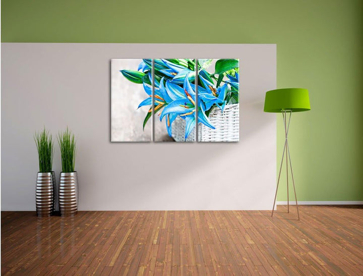 Pixxprint schöne Blaue Blumen im Körbchen / 3-Teilig/Gesamtmass 120cm Leinwandbild bespannt auf Holz