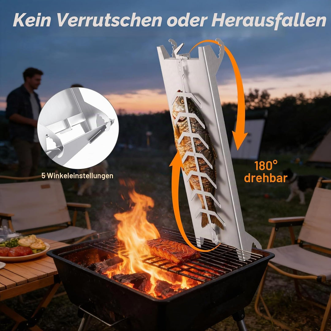 Flammlachsbrett Edelstahl 54×17cm, Flammlachshalter für Feuerschale Keine Schrauben nötig, 180° Dreh