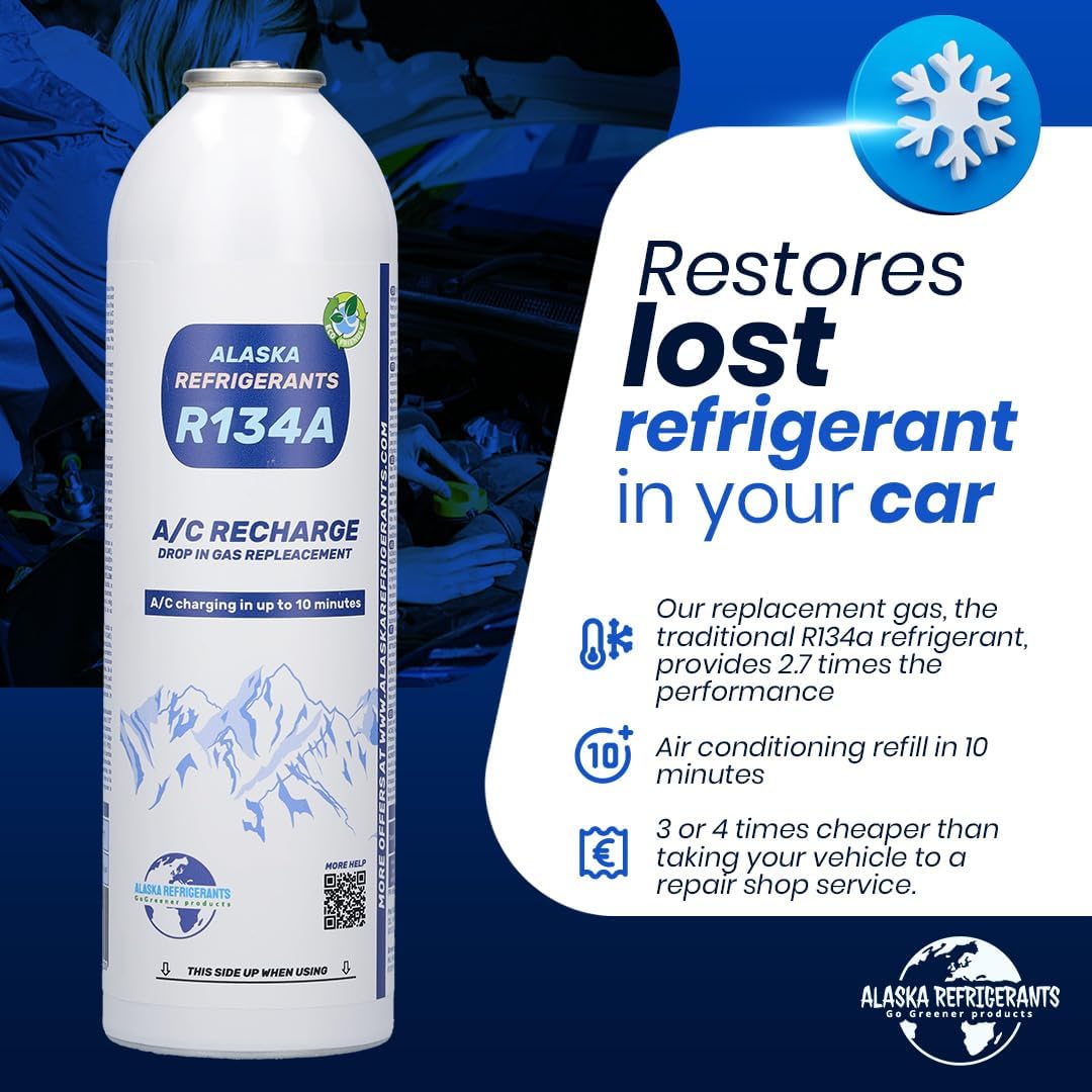 Alaska Refrigerants R134a Ersatzkältemittel für Fahrzeuge + Dichtmittel + Schlauch &amp; Manometer