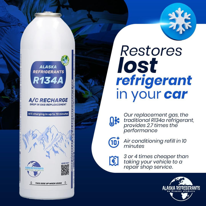 Alaska Refrigerants R134a Ersatzkältemittel für Fahrzeuge + Dichtmittel + Schlauch &amp; Manometer