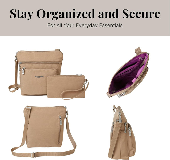 Baggallini Damen Pocket Crossbody Umhängetaschen Beige / Braun, Beige / Braun