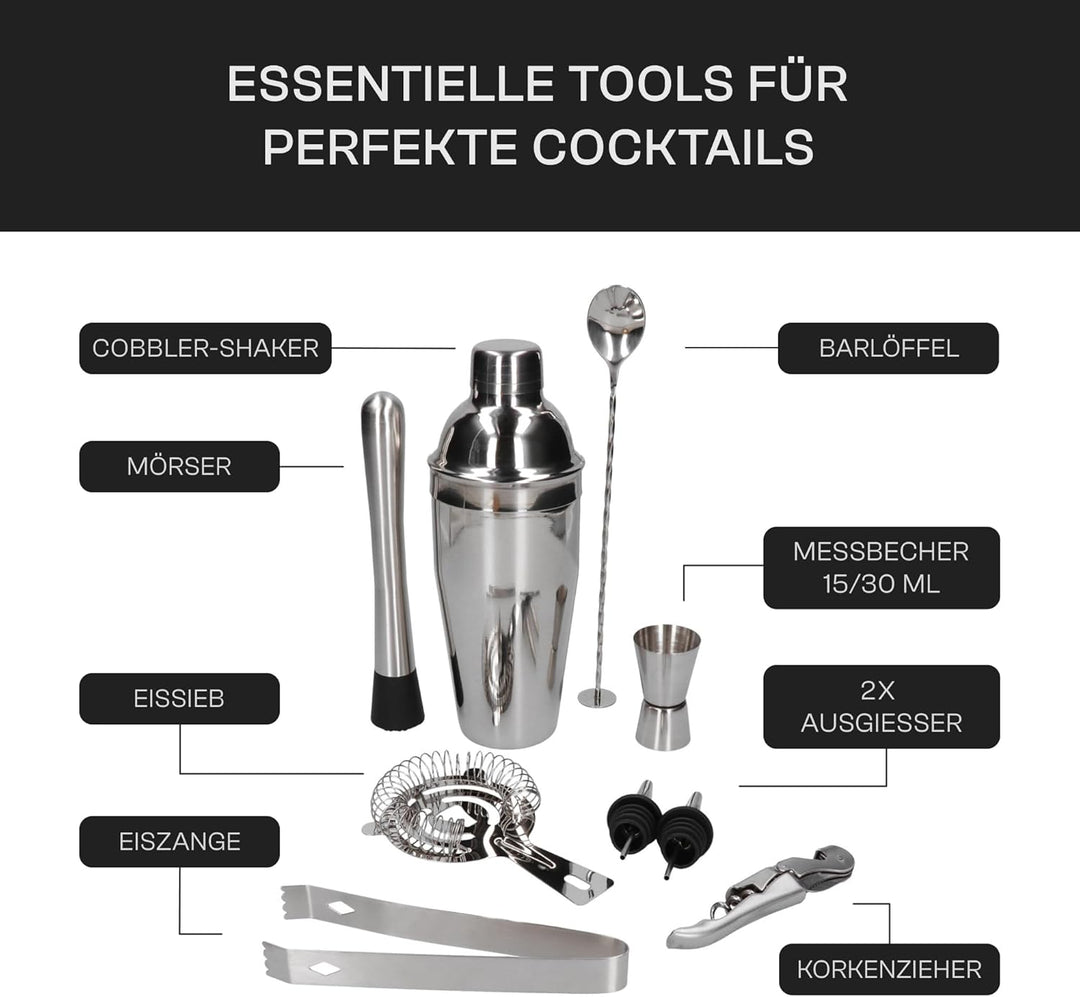 Whiskey Rocks 10-er Edelstahl Cocktail Set mit Bambusständer - Barkeeper Set mit Metall Shaker, Jigg