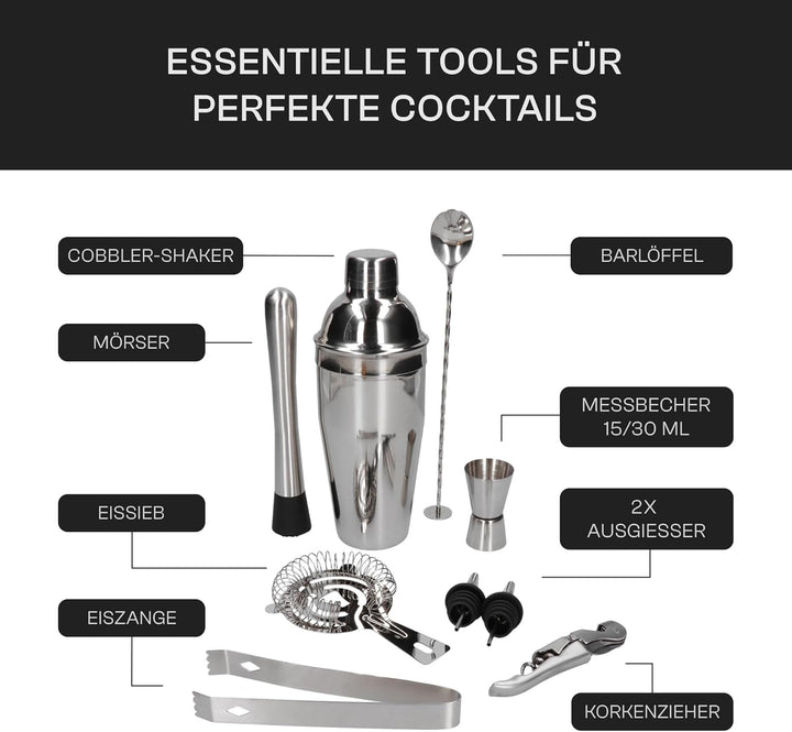Whiskey Rocks 10-er Edelstahl Cocktail Set mit Bambusständer - Barkeeper Set mit Metall Shaker, Jigg