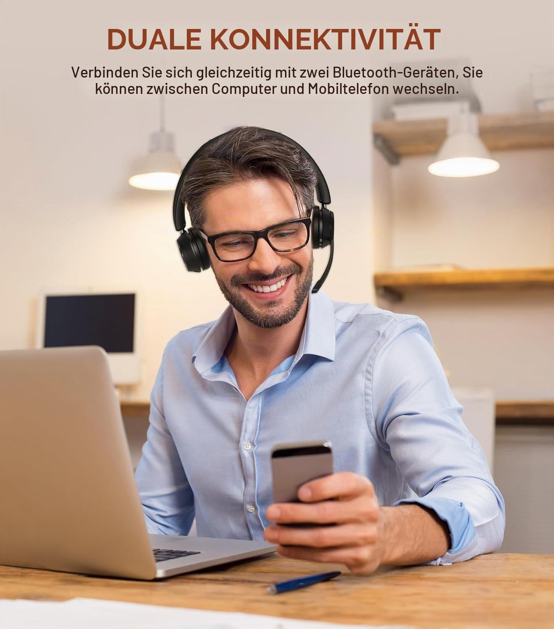Soothielec Bluetooth Headset, Kabelloses Headset mit Mikrofon mit Geräuschunterdrückung, bestes Head