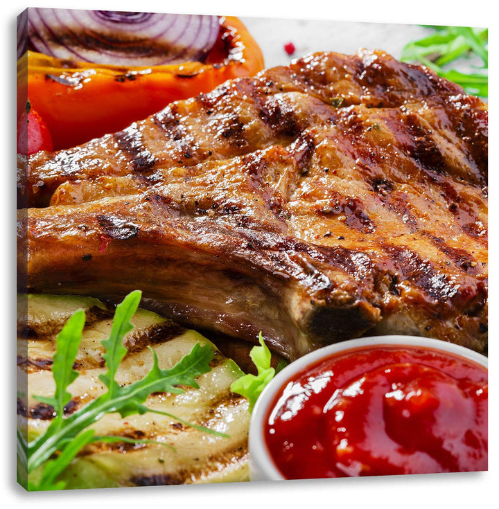 Gegrilltes Steak, Format: 70x70 auf Leinwand, XXL riesige Bilder fertig gerahmt mit Keilrahmen, Kuns