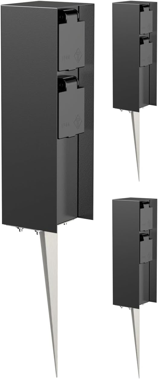 ledscom.de Aussensteckdose POMI mit Erdspiess, wetterfest, IP44, 2-fach, schwarz, eckig, 23cm, 3 Stk