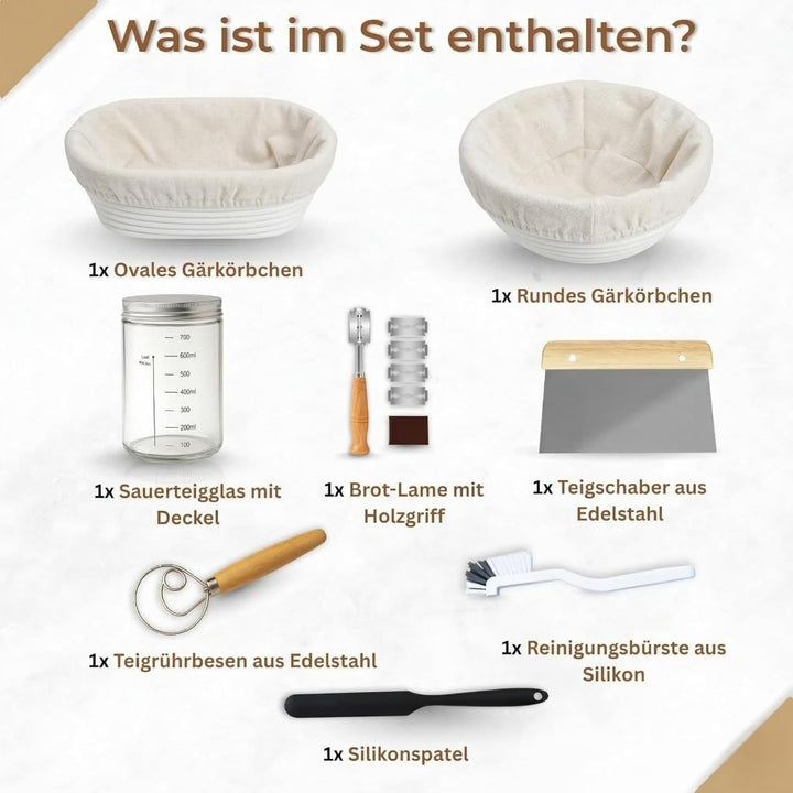 Sauerteig Starter Set 8-Teilig mit Gärkörbchen Rund und Oval, Gärkorb Glasgefäss und Brot Backen Zub