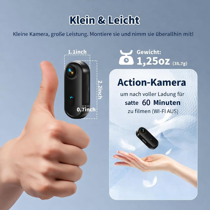 4K Mini Action Cam mit WiFi, Wasserdichte Bodycam, Ultra-Leicht 36g, Magnetische Kamera mit 360° Cli