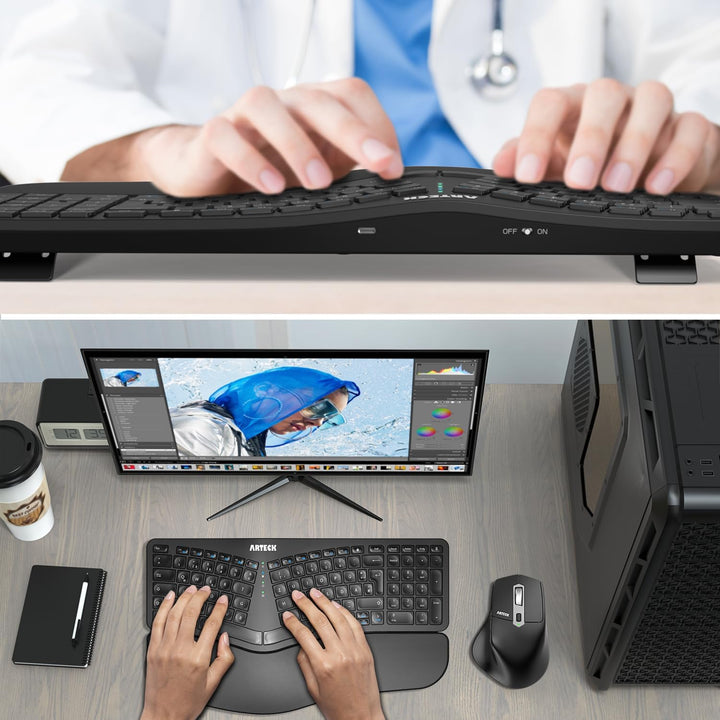 Arteck ergonomisches Split Tastatur mit gepolsterter Handgelenkauflage, 2.4G USB Kabellose Komfortab