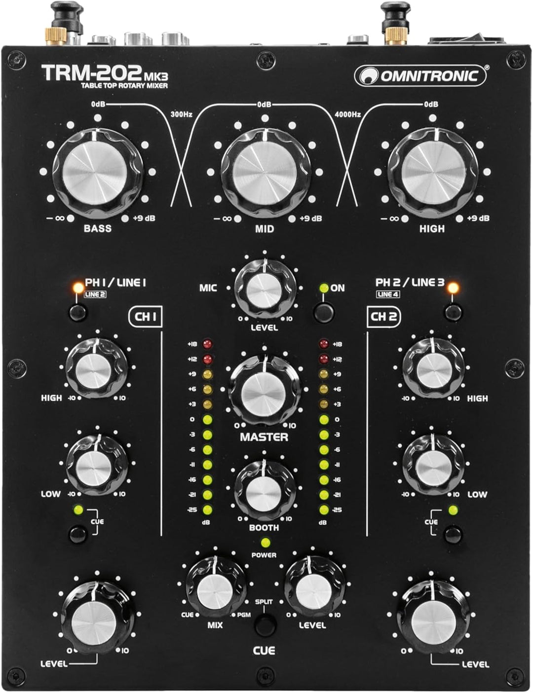 OMNITRONIC TRM-202 MK3 2-Kanal Rotary-Mixer mit 3-Band-Frequenzisolator | Gainregler, 2-Band-Equaliz
