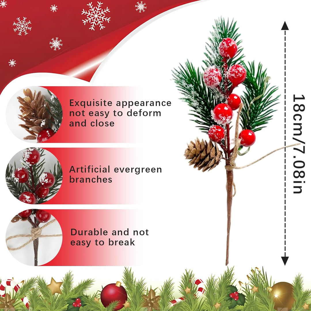 20 Stück Rote und Weisse Beerenstiele, Kleine Künstliche Kiefernspiesse und Sprays Weihnachtsbeeren-