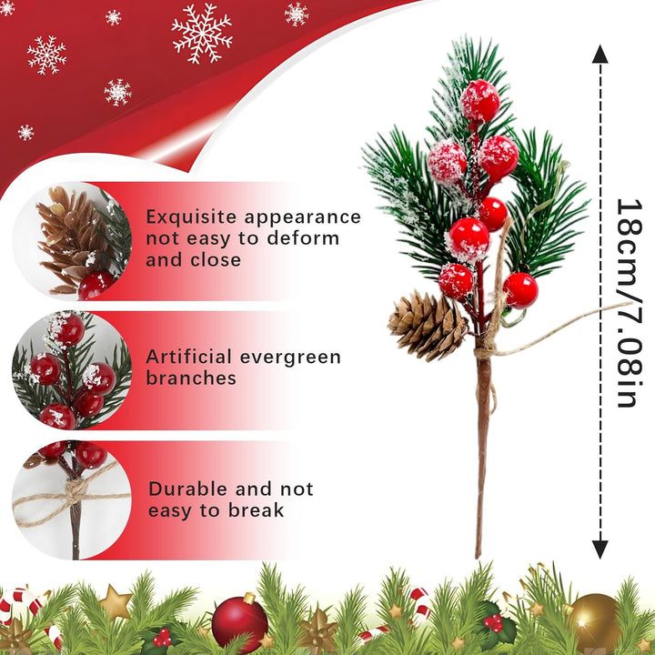 20 Stück Rote und Weisse Beerenstiele, Kleine Künstliche Kiefernspiesse und Sprays Weihnachtsbeeren-