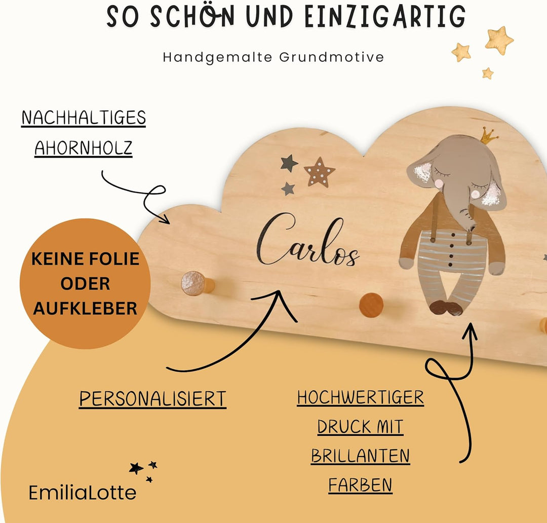 EmiliaLotte Kindergarderobe Personalisiert mit Wunschname I Garderobe Kinder aus Holz - Verschiedene