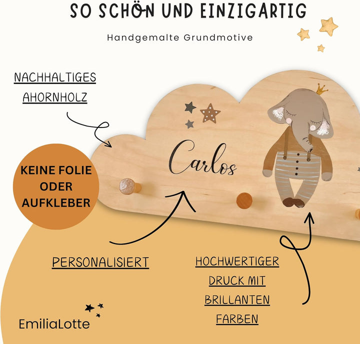 EmiliaLotte Kindergarderobe Personalisiert mit Wunschname I Garderobe Kinder aus Holz - Verschiedene
